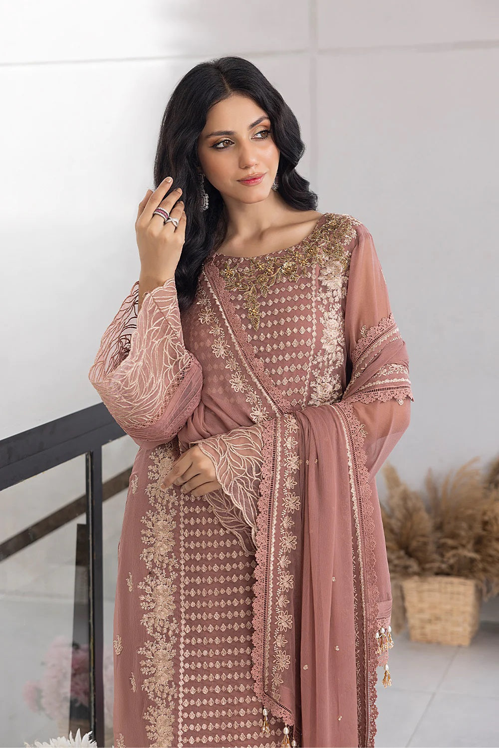 Ensembles Chiffon by Azure Embroidered Chiffon 4 Piece Unstitched Dress - ES029 Spray Rose