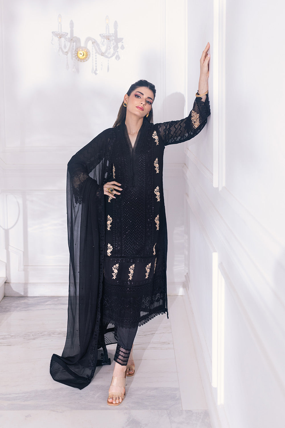 Ensembles By Azure Embroidered Chiffon Suits Unstitched 4 Piece VRES031 - Cendre Muse
