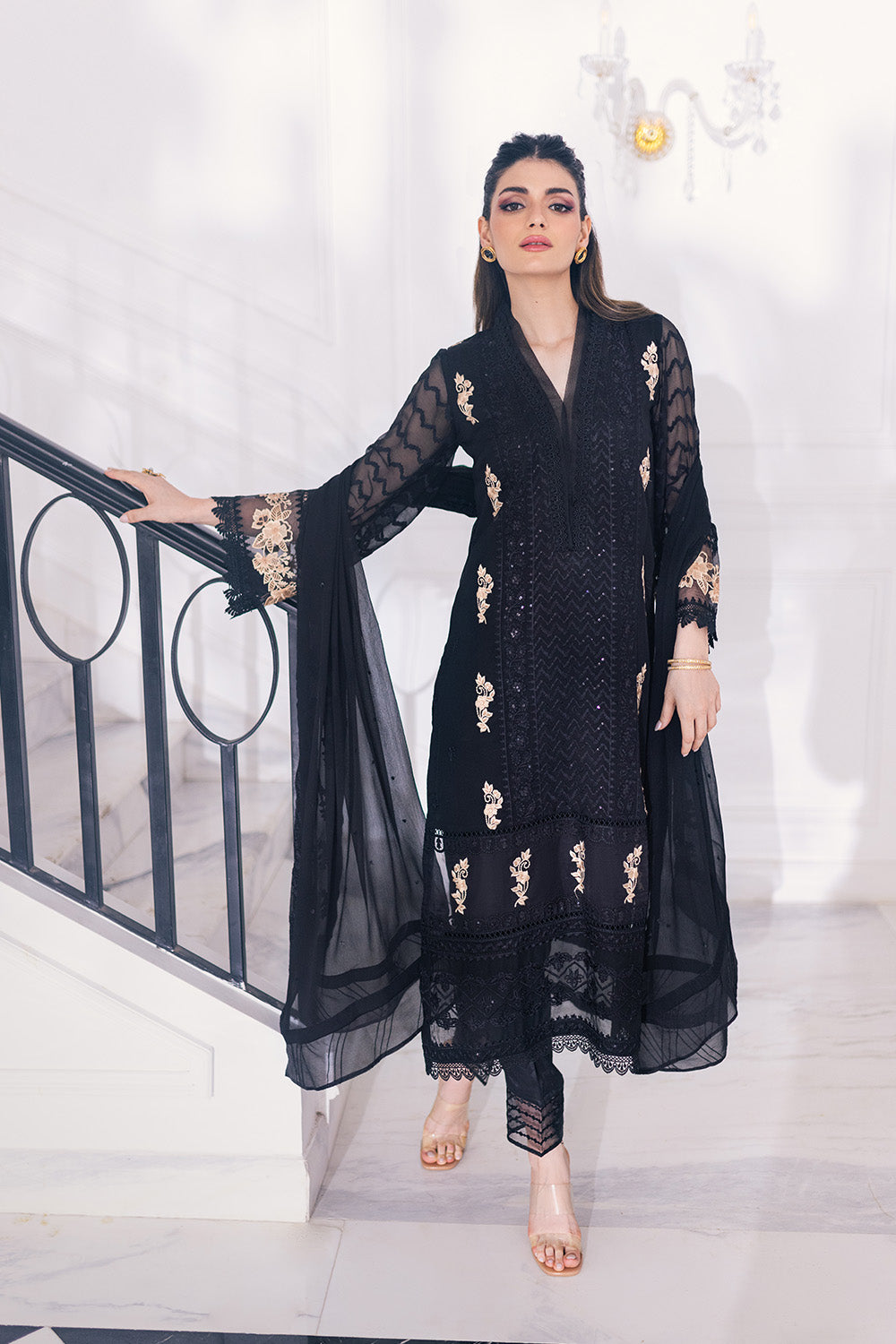 Ensembles By Azure Embroidered Chiffon Suits Unstitched 4 Piece VRES031 - Cendre Muse