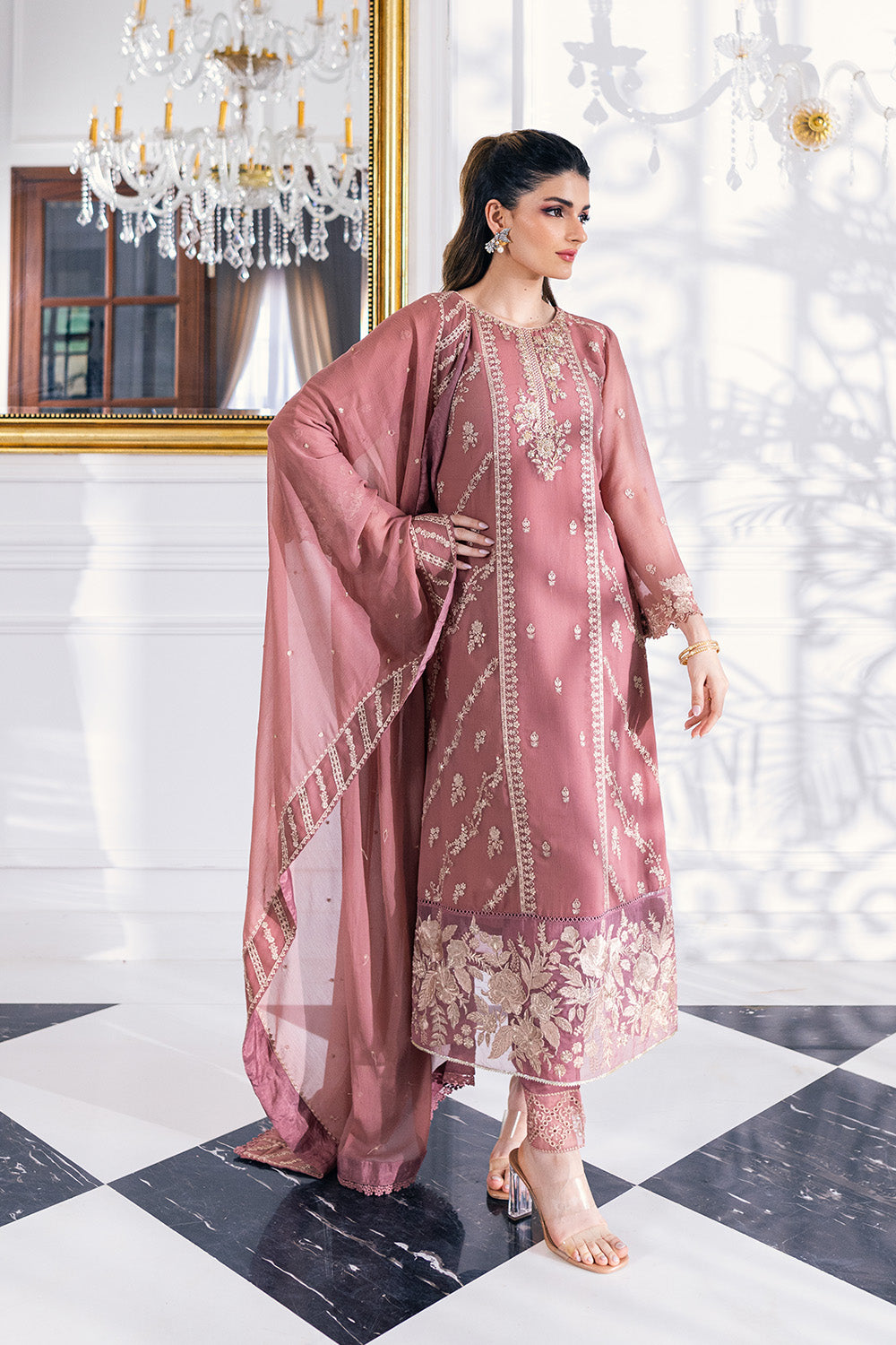 Ensembles By Azure Embroidered Chiffon Suits Unstitched 4 Piece VRES035 - Candy Blush