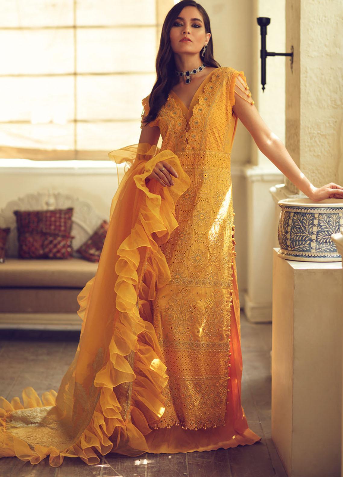 Rouche Embroidered Chikankari Unstitched 3 Piece Suit RL20CK 07 Saffron