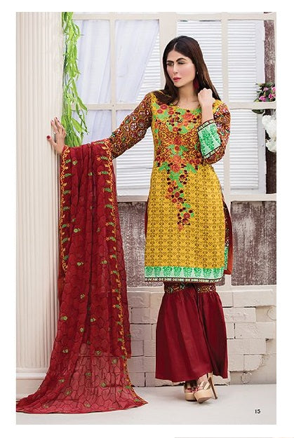 Elegance by Ruqayyah Cotton Embroidered 3 Piece Unstitched Dress - 3A