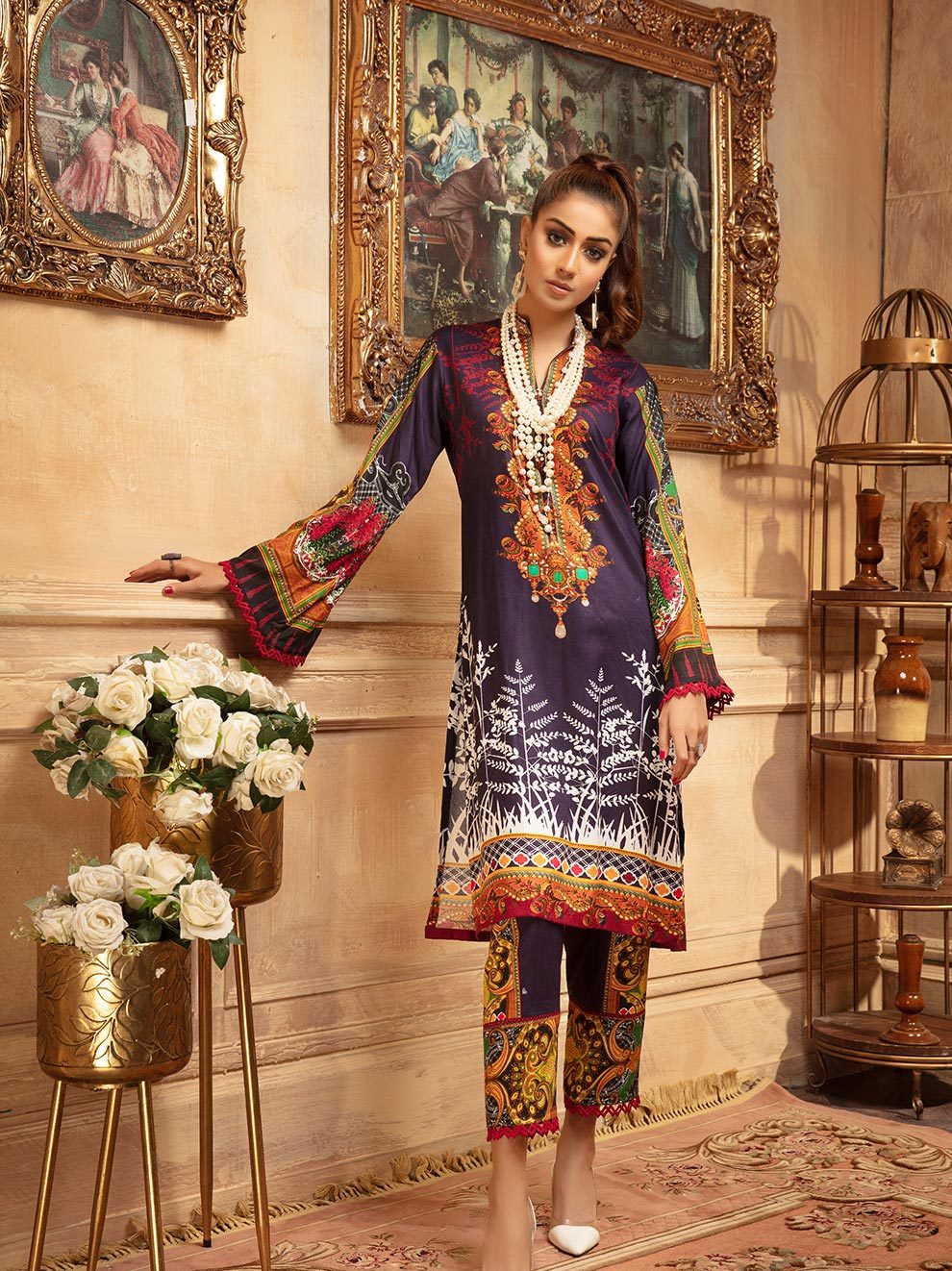 NUR Rang Barang Printed Linen Unstitched 2pc Suit - RB 13