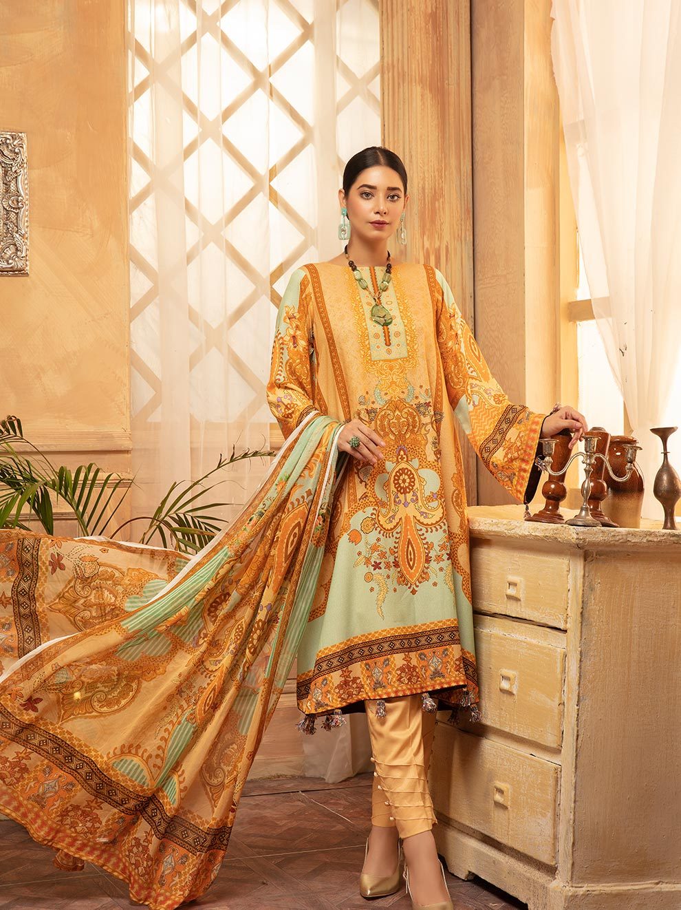 NUR Rang Nagar Printed Karandi Unstitched 3 Piece Suit - RN 14