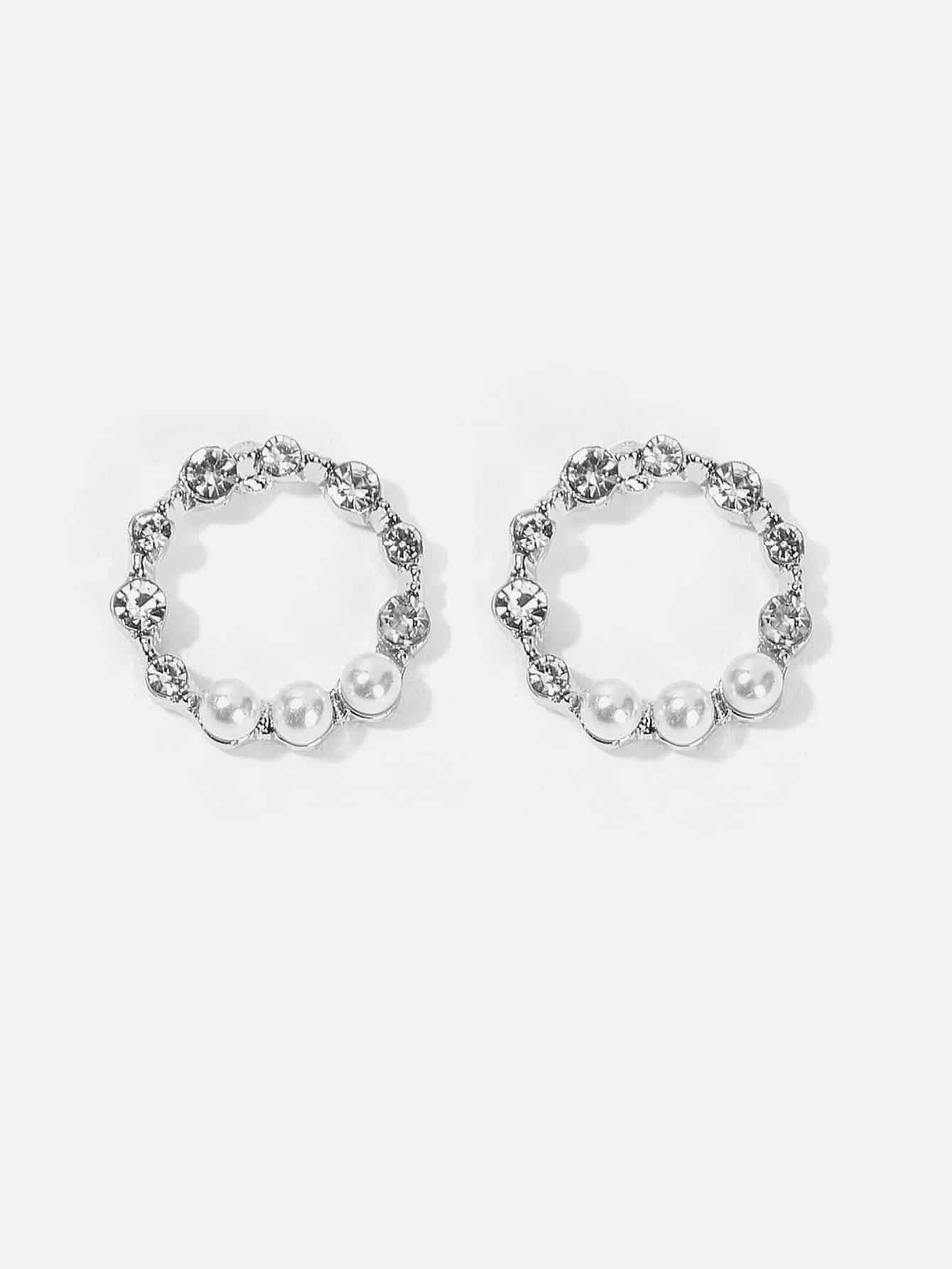Rhinestone & Faux Pearl Circle Stud Earrings 1pair - HDJ 175