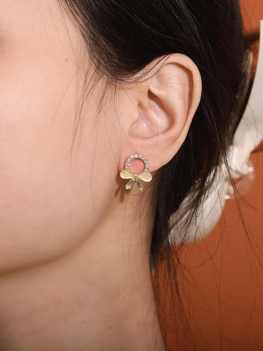 Rhinestone & Bow Design Stud Earrings - HDJ 196