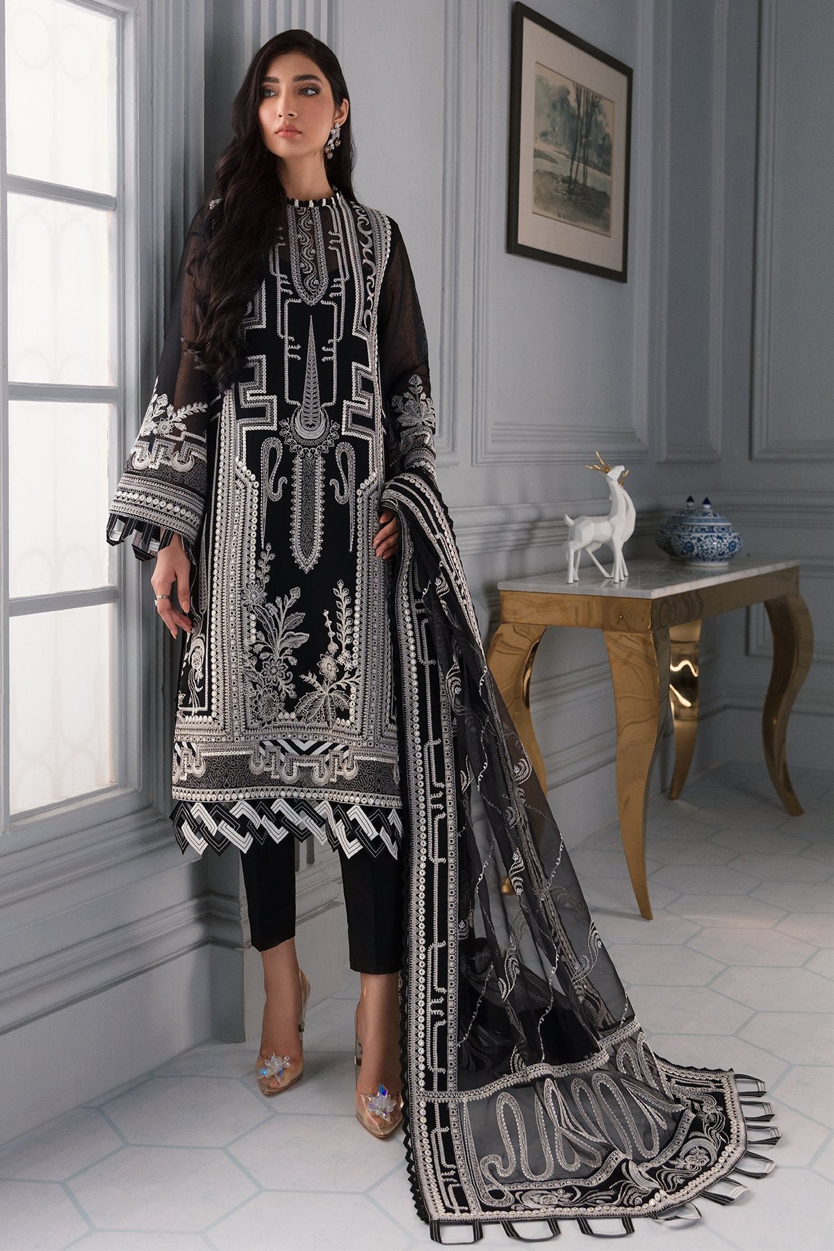 Iris by Jazmin Embroidered Khaadi Net Suit Unstitched 3 Piece JZ21 D–01 Twilight Glory – Formal Collection