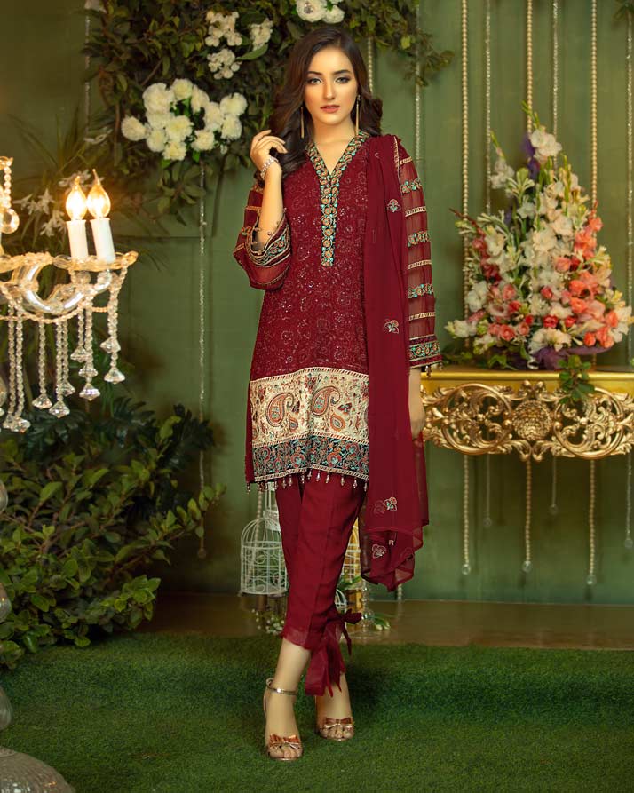 Noor e Ghazal by Fanoos Embroidered Chiffon Unstitched 3 Piece Suit - 01 FALLEN