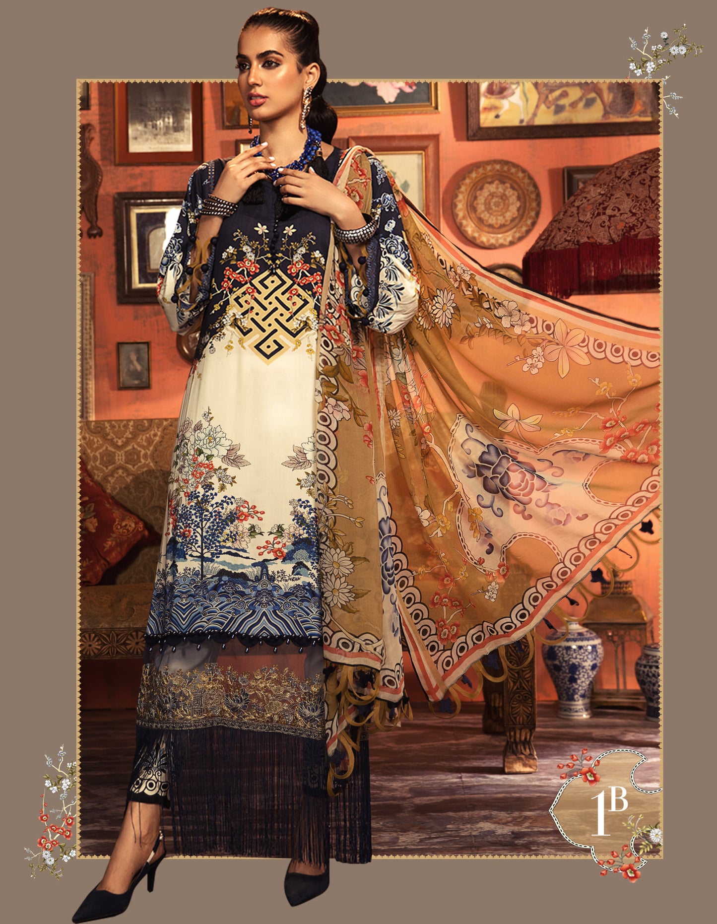 Maria B MPrint Embroidered Khaddar 3 Piece Unstitched Dress with Silk Dupatta - MPW 1B