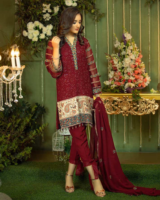 Noor e Ghazal by Fanoos Embroidered Chiffon Unstitched 3 Piece Suit - 01 FALLEN