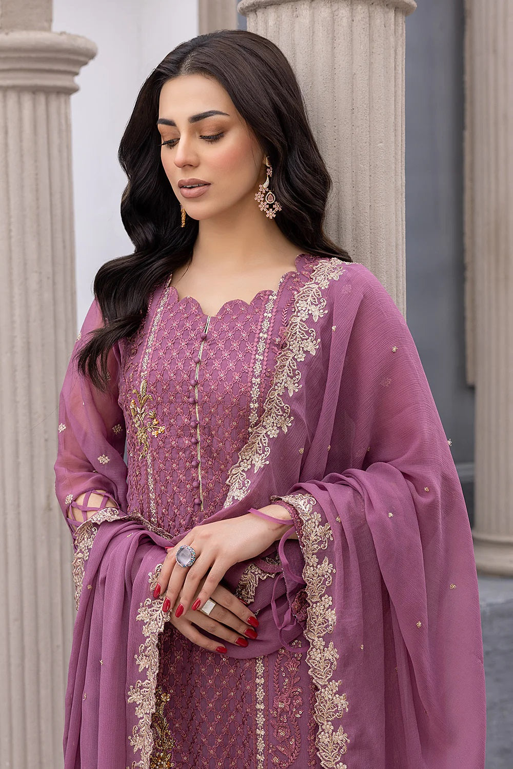 Ensembles By Azure Embroidered Chiffon Suits Unstitched 3 Piece AZ-20-Blushing Bezel - Festive Collection