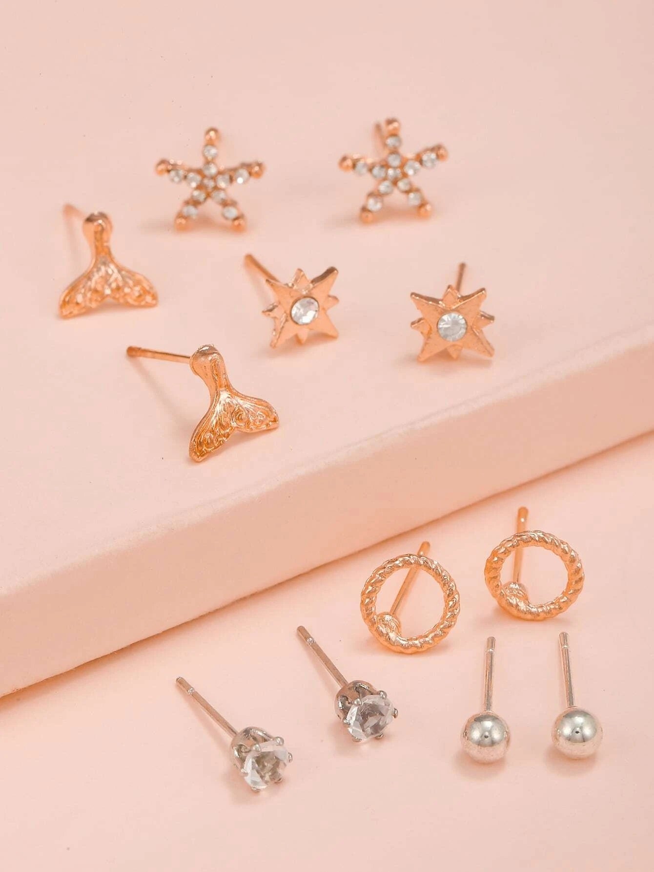 6pairs Fish Tail & Starfish Stud Earrings - HDJ 213