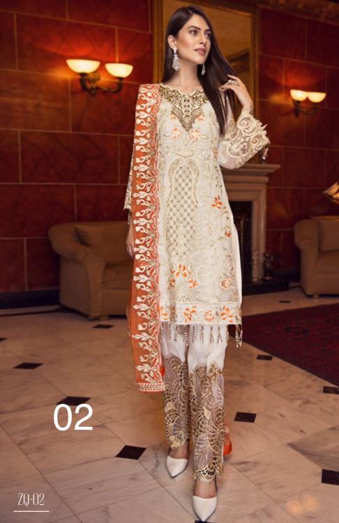 Zebtan Zircon Embroidered Chiffon Unstitched 3 Piece Suit - ZQ-02