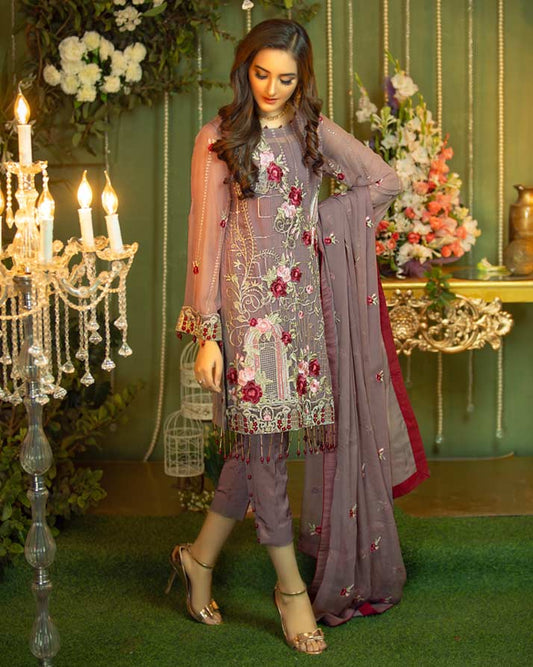 Noor e Ghazal by Fanoos Embroidered Chiffon Unstitched 3 Piece Suit - 02 Day Lilac