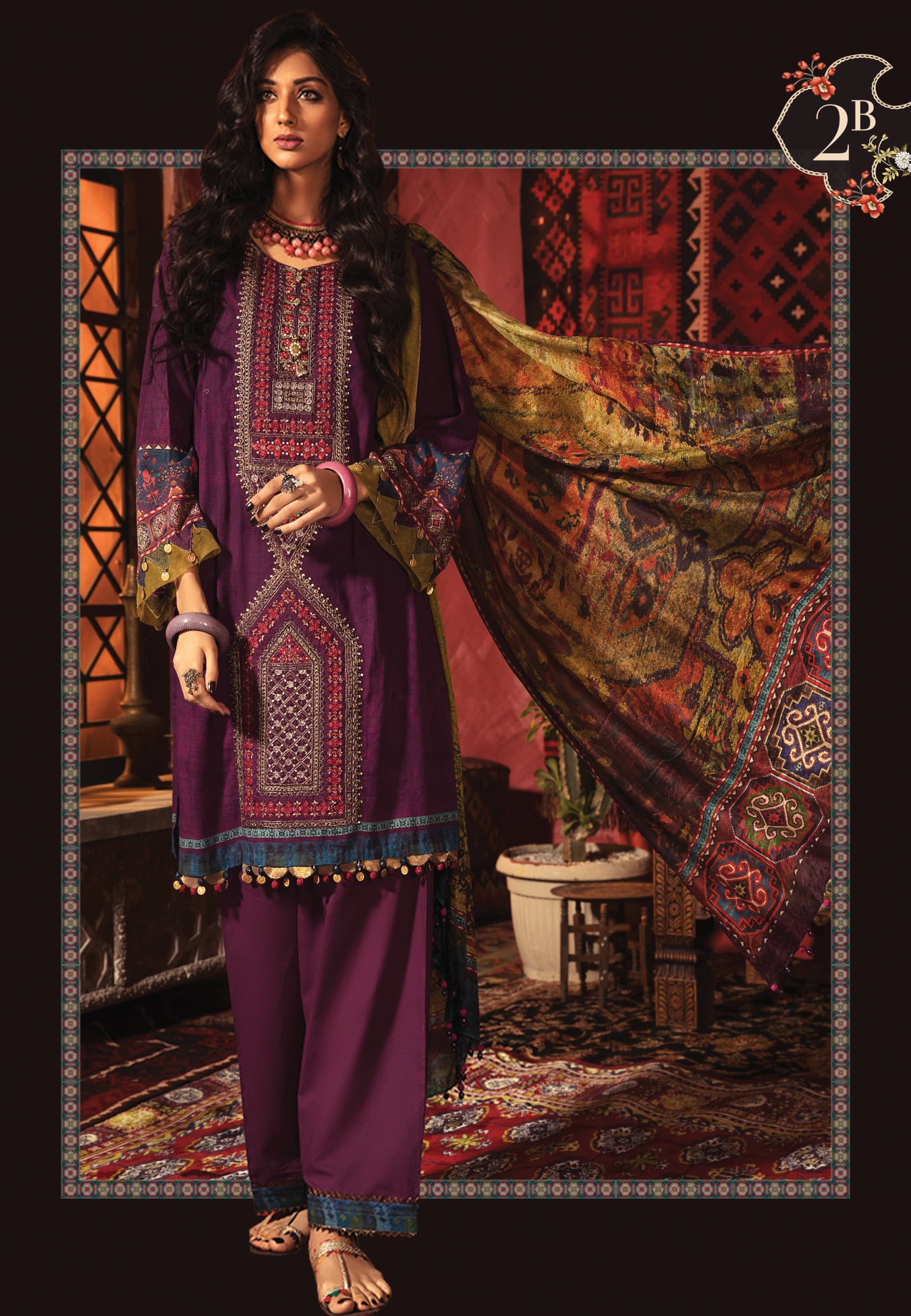 Maria B MPrint Embroidered Khaddar 3 Piece Unstitched Dress with Silk Dupatta - MPW 2b