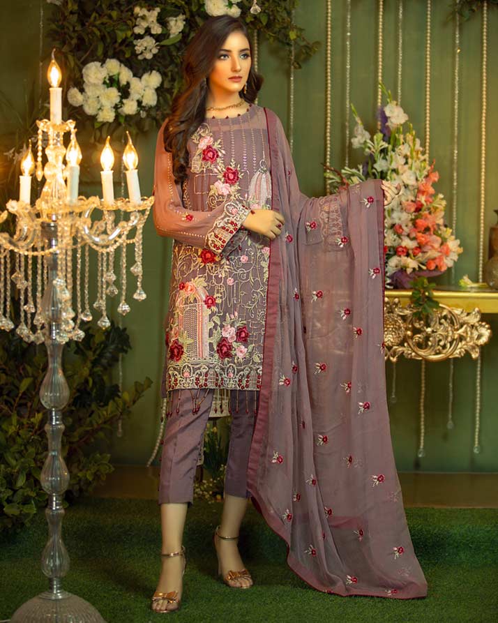 Noor e Ghazal by Fanoos Embroidered Chiffon Unstitched 3 Piece Suit - 02 Day Lilac