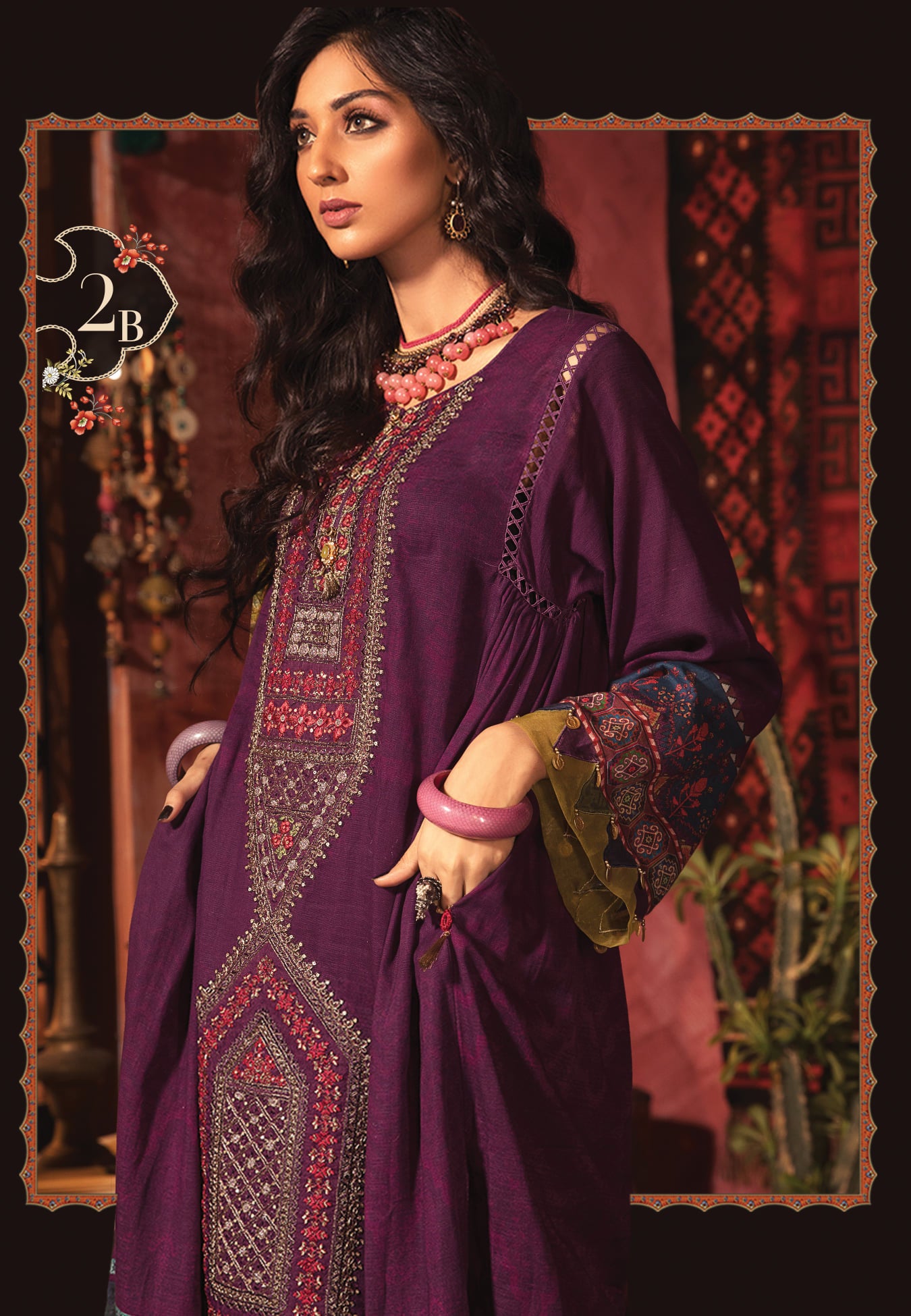 Maria B MPrint Embroidered Khaddar 3 Piece Unstitched Dress with Silk Dupatta - MPW 2b