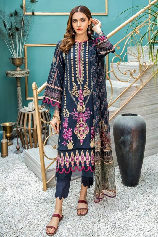 Aabyaan Luxury Embroidered Lawn Unstitched 3 Piece Suit - AL 03 - SIYAH