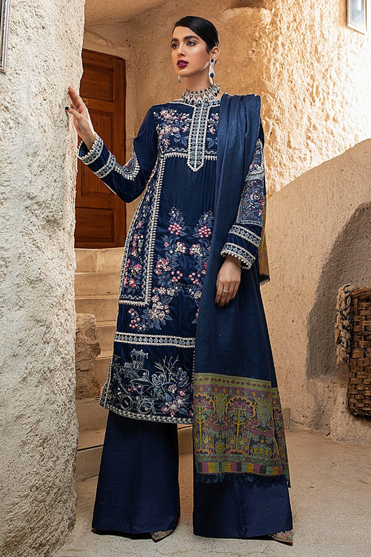 Mushq Embroidered Velvet 3 Piece Unstitched Dress with Woven Shawl - MV20-06 Blue Heaven