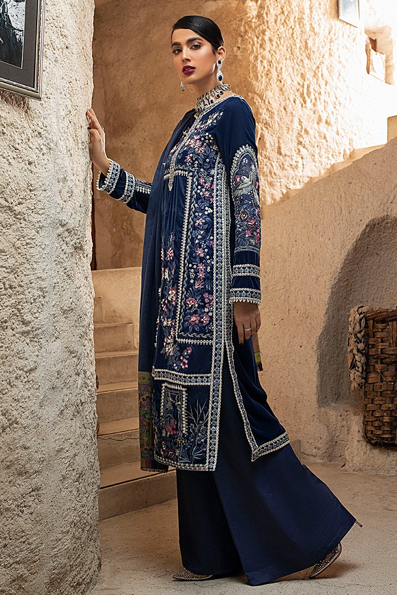 Mushq Embroidered Velvet 3 Piece Unstitched Dress with Woven Shawl - MV20-06 Blue Heaven