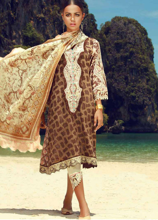 Tena Durrani Embroidered Lawn Unstitched 3 Piece Suit - 06 Sepia - Eid ul Azha Collection