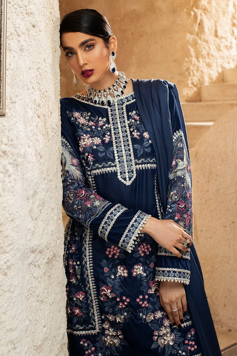 Mushq Embroidered Velvet 3 Piece Unstitched Dress with Woven Shawl - MV20-06 Blue Heaven