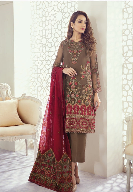 Iznik Embroidered Chiffon Unstitched 3 Piece Suit ID 08 Garnet Ash - Luxury Collection