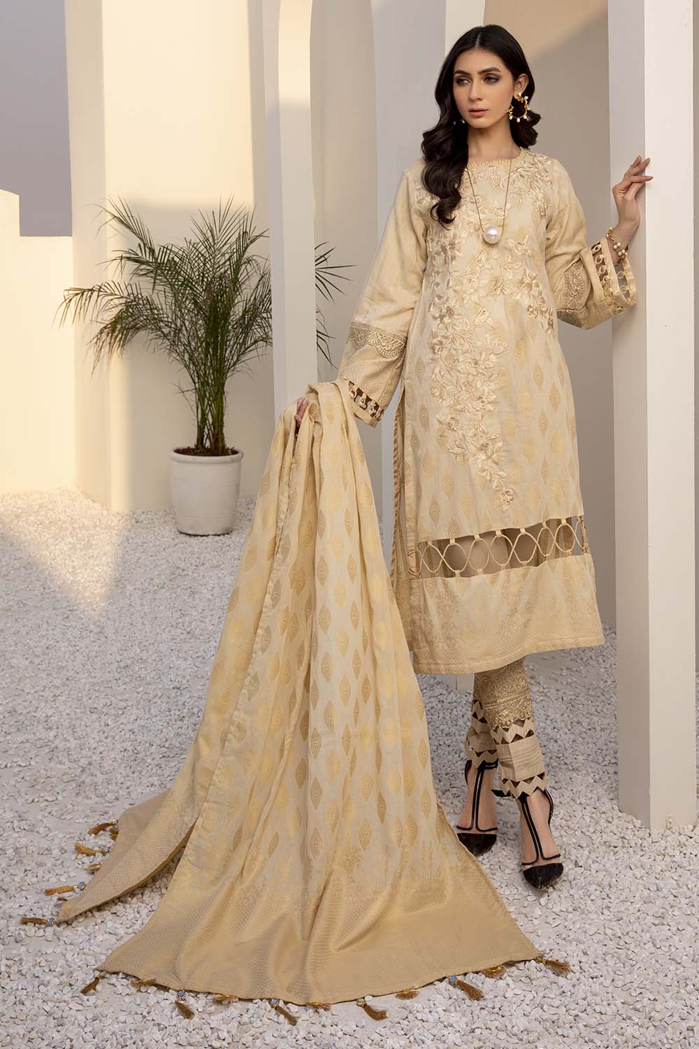 Azure Embroidered Cotton Jacquard Unstitched 3 Piece Suit - AJL-08 Creamy Gold