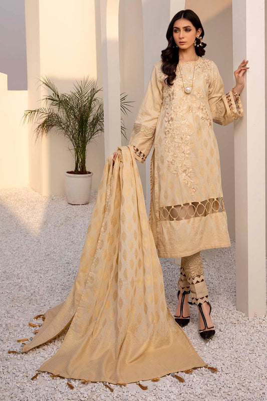 Azure Embroidered Cotton Jacquard Unstitched 3 Piece Suit - AJL-08 Creamy Gold