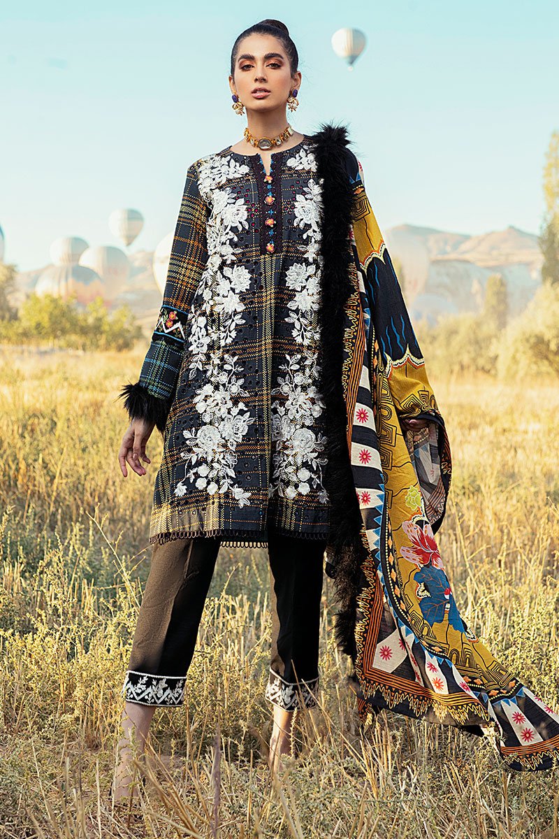 Mushq Hemline Embroidered Linen 3 Piece Unstitched Dress with Shawl - 08 Raven