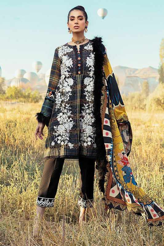 Mushq Hemline Embroidered Linen 3 Piece Unstitched Dress with Shawl - 08 Raven