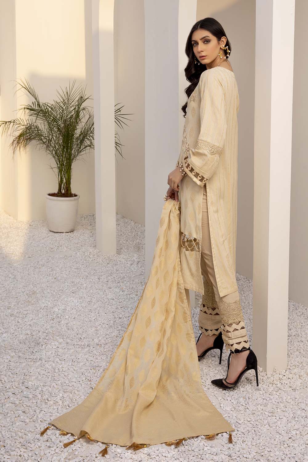 Azure Embroidered Cotton Jacquard Unstitched 3 Piece Suit - AJL-08 Creamy Gold