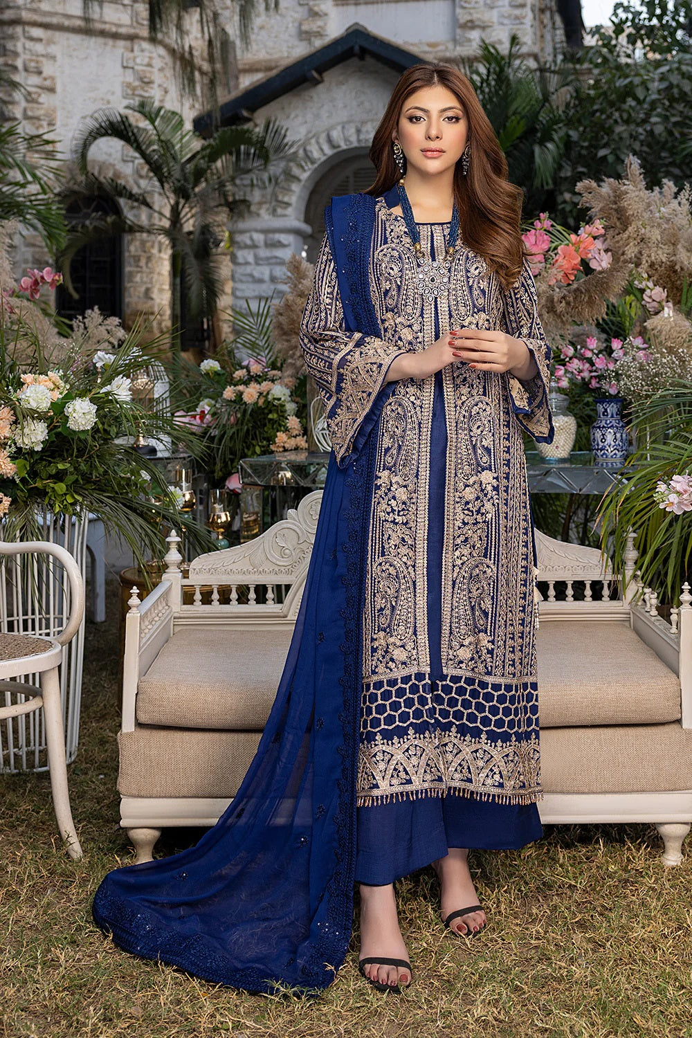 Azure Embroidered Chiffon Suits Unstitched 3 Piece AS-93a Granite