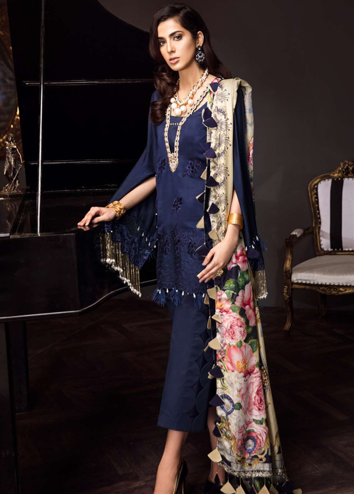 Noor by Sadia Asad  Embroidered Formal Eid Lawn Unstitched 3 Piece Suit - 09 Bejeweled Shappire