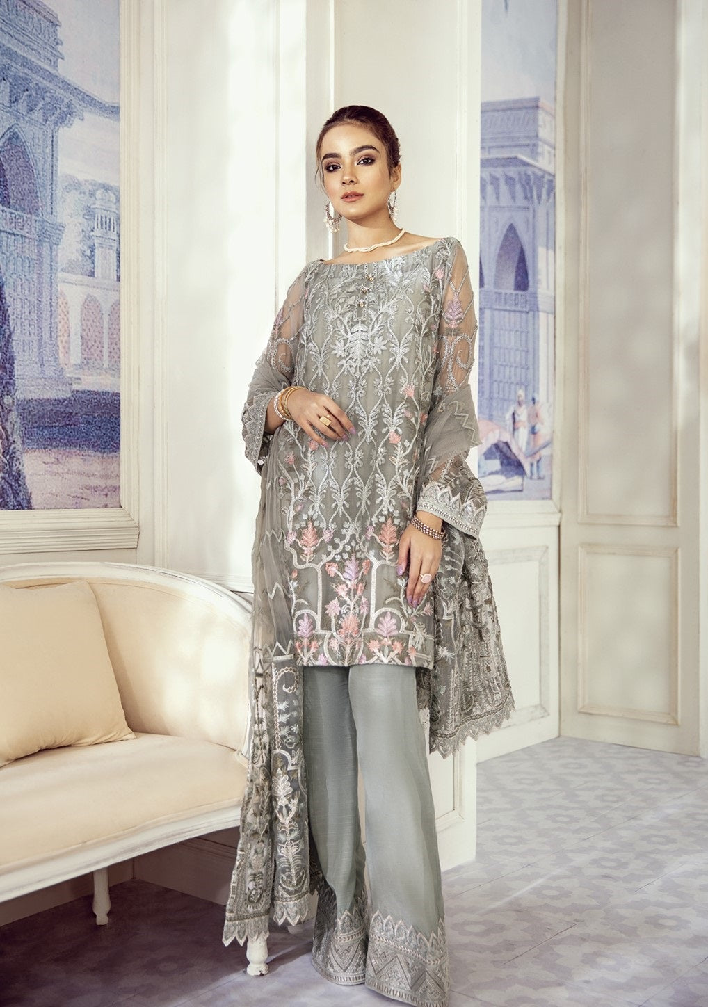 Iznik Embroidered Chiffon Unstitched 3 Piece Suit ID 09-Pale Sky - Luxury Collection