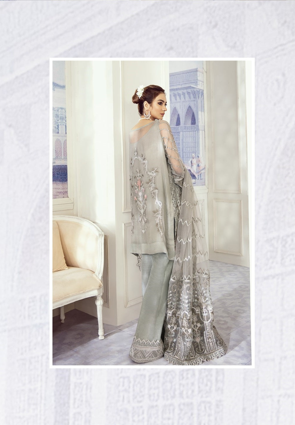 Iznik Embroidered Chiffon Unstitched 3 Piece Suit ID 09-Pale Sky - Luxury Collection