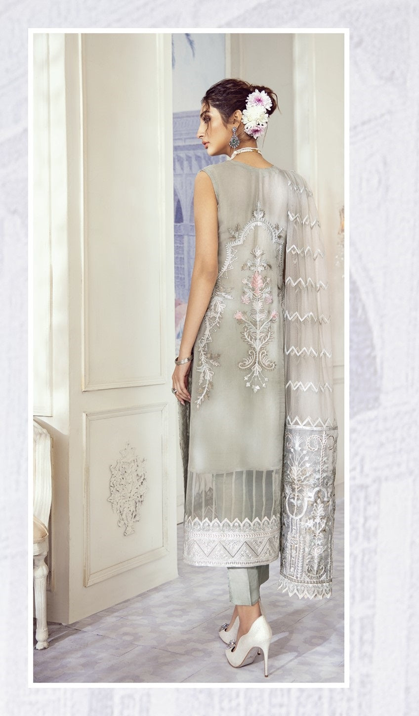 Iznik Embroidered Chiffon Unstitched 3 Piece Suit ID 09-Pale Sky - Luxury Collection