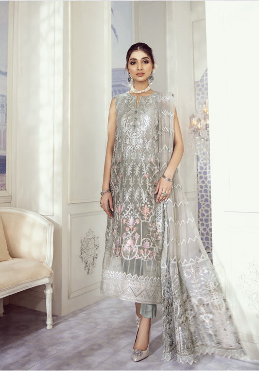 Iznik Embroidered Chiffon Unstitched 3 Piece Suit ID 09-Pale Sky - Luxury Collection