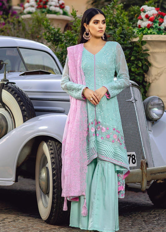 Azure Festive Embroidered Chikan Kari Chiffon 3 Piece Unstitched Suit - D05 - Minty Rose