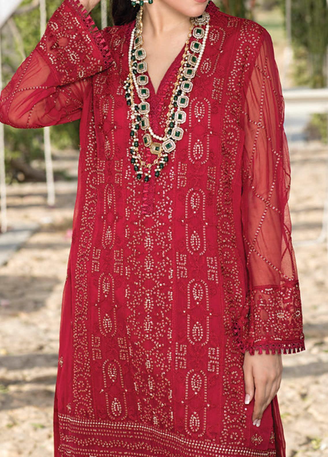 Azure Embroidered Chiffon Unstitched Kurties AZK - 01 Glittery Red
