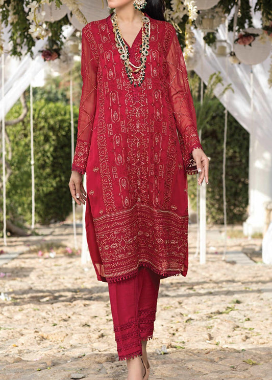 Azure Embroidered Chiffon Unstitched Kurties AZK - 01 Glittery Red