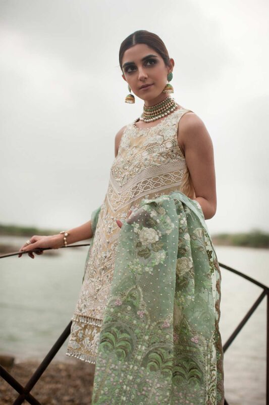 Crimson Luxe Embroidered Chiffon Unstitched 3 Piece Suit – CL18-3A Mehraab Buttermilk