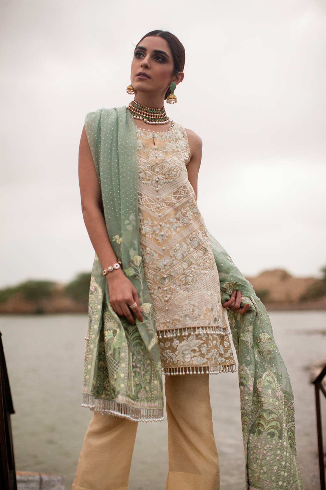 Crimson Luxe Embroidered Chiffon Unstitched 3 Piece Suit – CL18-3A Mehraab Buttermilk