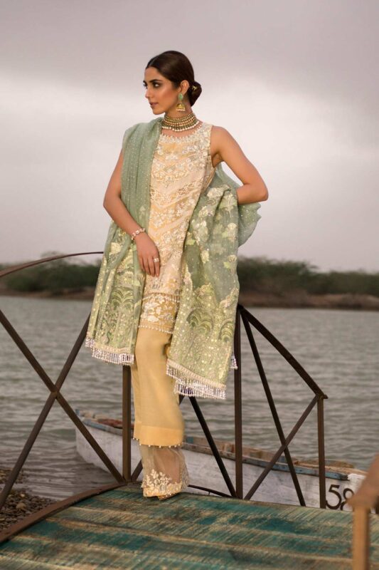 Crimson Luxe Embroidered Chiffon Unstitched 3 Piece Suit – CL18-3A Mehraab Buttermilk