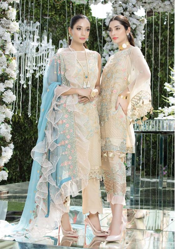 Gulaal Embroidered Chiffon 3 piece Unstitched Dress – GE-06 Beige-Blue