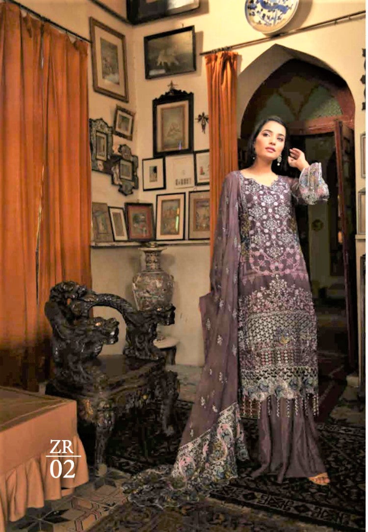 Zebtan Royal Embroidered Chiffon Unstitched 3 Piece Suit - ZR-02