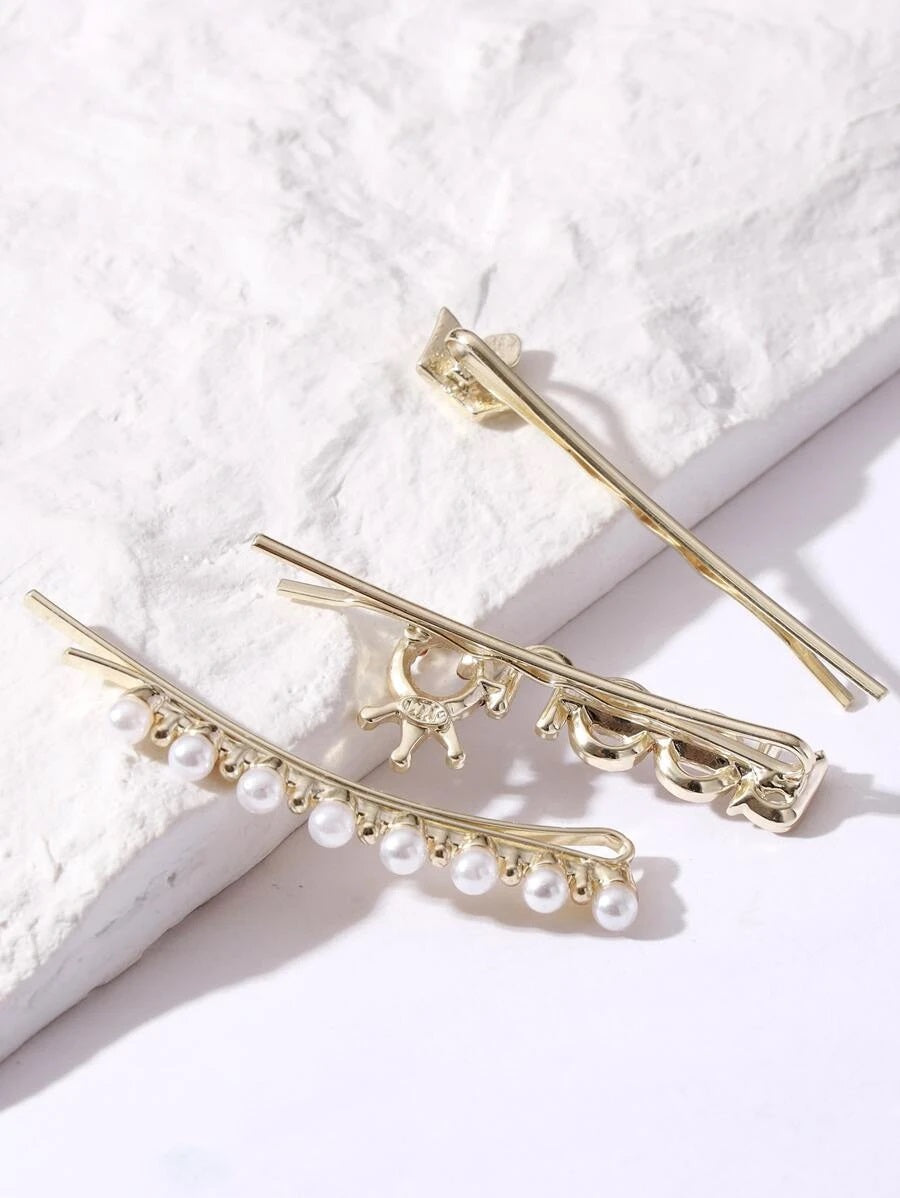3pcs Rhinestone Pearl Decor Hair Clip - HDJ 094
