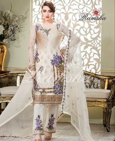 Ramsha Embroidered Chiffon Unstitched 3 Piece Suit - 1402 Perfection Glaze