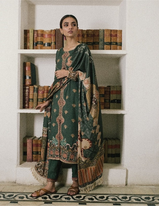 Qalamkar Qline Embroidered Linen 3 piece Unstitch suit - QLA-10