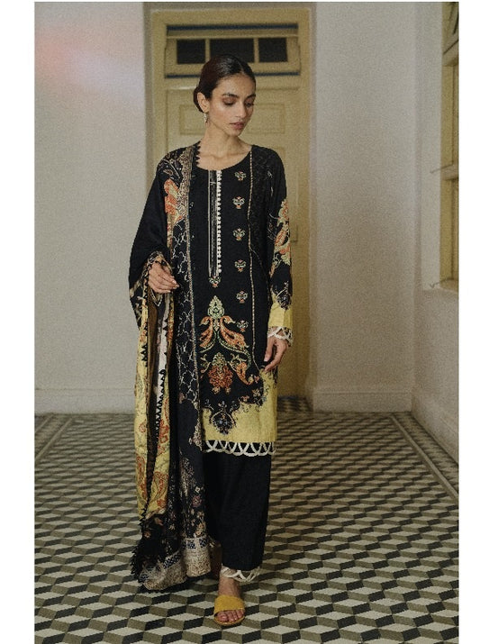 Qalamkar Qline Embroidered Linen 3 piece Unstitch suit - QLA-12